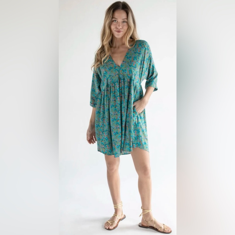 Natural Life Stella V-Neck Dress in Turquoise Ditsy Vines / size L